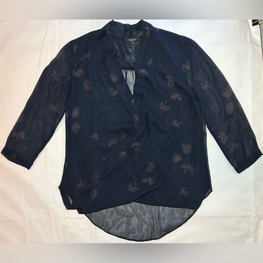 Aritzia Babaton Floral Print Sheer Silk Wrap Top in Navy Blue Size XXS